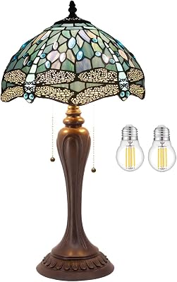WERFACTORY Tiffany Table Lamp Sea Blue Stained Glass Dragonfly Style Bedside Lamp Desk Reading Light 12X12X22 Inches Decor Bedroom Living Room Home Office S147 Series