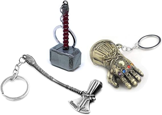 3-Pack Silver Hammer Key Chain, Bronze Glove Keychain and Silver Axe Keychain, Cool Gifts for Men, Husband, Boyfriend