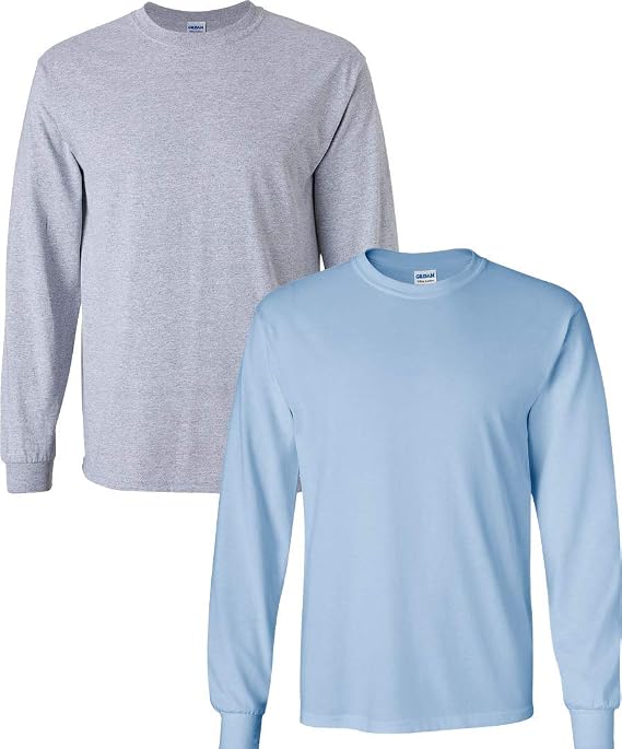 Gildan Men's Heavy Cotton Long Sleeve T-Shirt, Style 5400, (2 Pack) XL Sportgrey-Light Blue