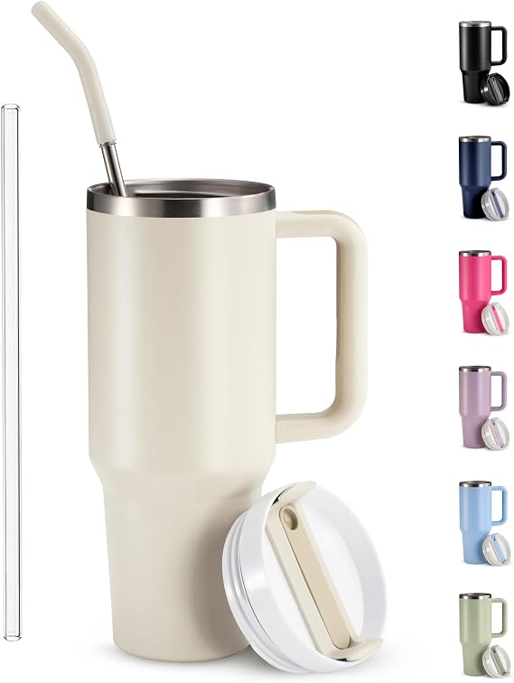 KooK Tumbler with Straw and Handle, 40 Oz, Stainless Steel, Vacuum Insulated Travel Coffee Mug, Reusable Double Walled Water Bottle, Keeps Hot or Cold (Antique White)