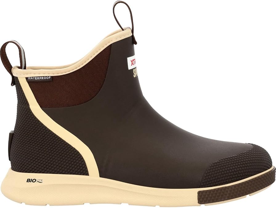 XTRATUF 6 Mens Ankle Deck Boot Sport - Size 10, Brown - 30% Lighter, 100% Waterproof Rubber Fishing Footwear - Non-Marking, Slip-Resistant Outsole - Moisture-Wicking Liner