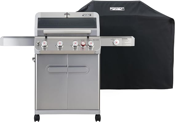Monument Grills Mesa Series, Outdoor Barbecue Stainless Steel 4 Burner Propane Gas Grill, 62,000 BTU Patio Barbecue Grill with Side Burner, Infrared, Knob Controls, Mesa415BZ with BBQ Cover