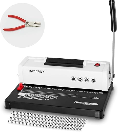 MAKEASY Spiral Binding Machine, 4:1 Pitch, 12 Sheets Punch Capacity, Electric Coil Insert, Book Binder Machine for A4/A5/Letter Size Paper, Come with 1 Box pcs 5/16'' Coils & Pliers