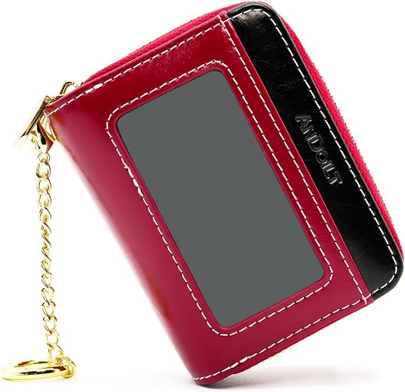 Genuine Leather RFID Double Zipper Card Wallet for Women and Men, Red | Compact accordion wallet with 12 card slots, 4 cash slots, coin pocket, ID window and keychain for travel and daily carry