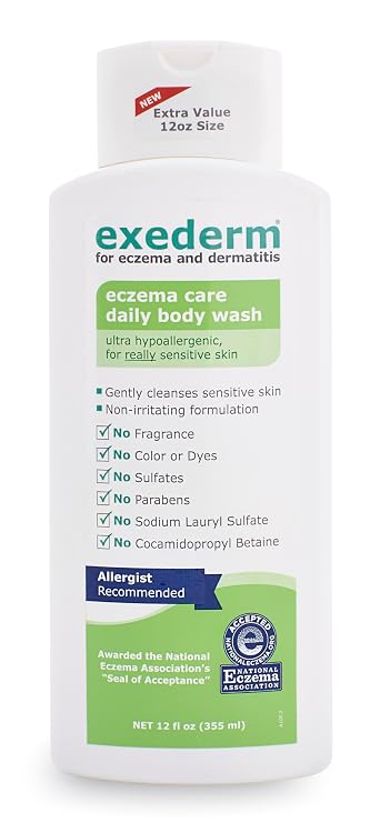 Exederm Body Wash for Eczema & Dermatitis, 12 Fl Oz, Ultra Sensitive Non-Irritating Bodywash, Gentle, Moisturizing Anti-Itch Cleanser for Red, Itchy, Dry Skin, Hypoallergenic, Sulfate & Paraben Free