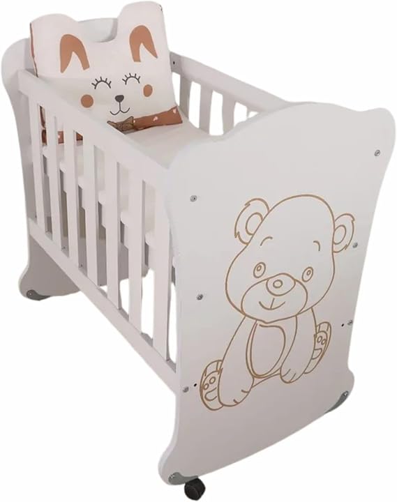 Sweetbear Tekerlekli Ahşap Anne Yanı Beşik 50x90 cm | 3 Kademeli Ayarlı Mini Beşik | Taşınabilir Bebek Beşiği | Şirin Ayı Figürlü Tasarım (0–24 Ay)