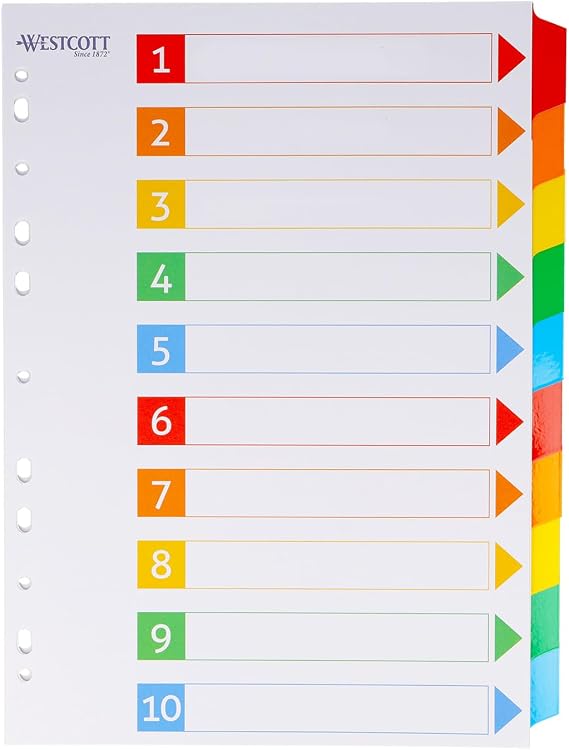 Westcott Index tabs for A4 folders | Divider Sheets for A4 folders | 10 writable tabs in 5 Colours as Folder Organiser | Sturdy 160 g/m² with Euro Hole Punch | E-1733311 00