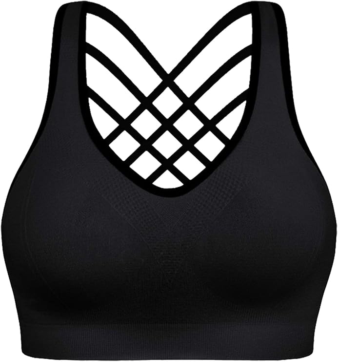 Women Strappy Sports Bras Fitness Workout Padded Yoga Bra Criss Cross Back Racerback Sports Gym Seamless High Impact Support (M,Black,36)