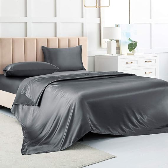 Luxbedding Satin Bed Sheets Set, Queue Size Sheets, 4 Pieces, Grey | Satin Bed Sheets Set, Silk Sheets,4 Pieces Soft Bedding Set with 1 Deep Pocket Fitted Sheet,1 Flat Sheet,2 Pillowcase