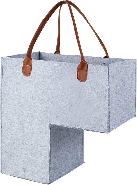 L-Shape Stair Basket Organizer, Fabric Staircase Storage Organizer with Leather Handles, Large Stair Tidy Basket Bin for Laundry, Toys, Household Items(Grey)