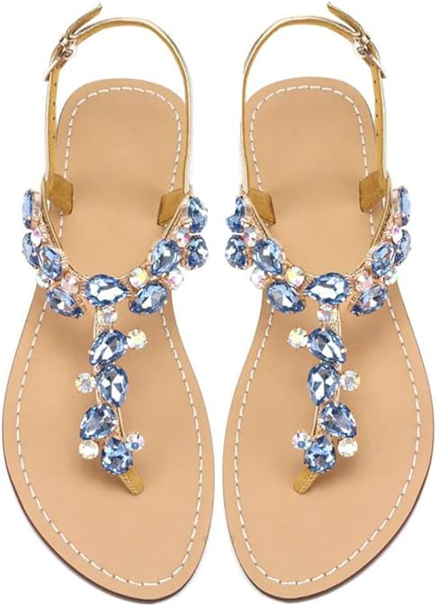 Women's Rhinestone Flat Sandals, Women Flip Flops with Clip Toe RingBeadeed Rhinestone Crystal Jeweled Sandal Shoes for Summer Beach Oceanside Holiday Outdoor