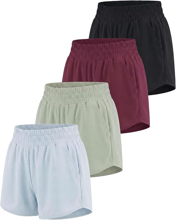 Real Essentials 4 Pack Women's 2.5'' High Waisted Running Shorts with Liner - Quick Dry, Dry Fit, Gym Workout