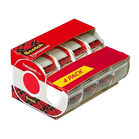 Scotch Transparent Tape, 3/4 x 850 Inches, 4 Dispensered Rolls, Clear | Versatile, Clear Tape Engineered for Office and Home Use