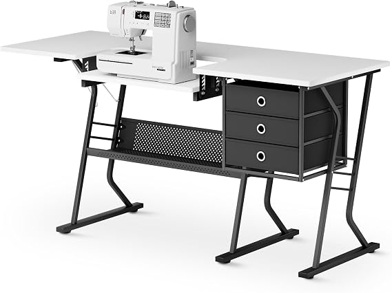 Magshion 60" Sewing Machine Table with Storage, Heavy-Duty Sewing Desk with Adjustable Shelf, 3 Drawers and Open Grid Shelf, Multi-Use Sewing Cabinet & Craft Table, 305-Lb Capacity, Black/White