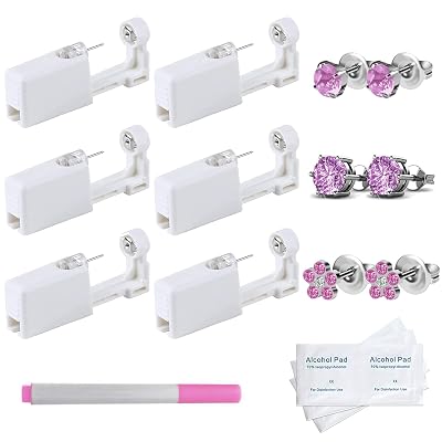NA 6 Pack Ear Piercing Kit Disposable Self Ear Piercing Gun No Pain Ear Piercings Gun Kit Tool rose pink