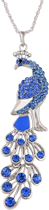 Alilang Golden Tone Blue Green Colored Rhinestone Peacock Bird Pendant Chain Necklace