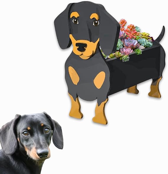 Dog Flower Planter Gifts for Women,Cute PVC Dog Planters,Flower Pots Indoor Outdoor,Garden Planter for Birthday,Office,Pet Lovers 9.45 * 6 * 13.39in(Black and Tan Dachshund)