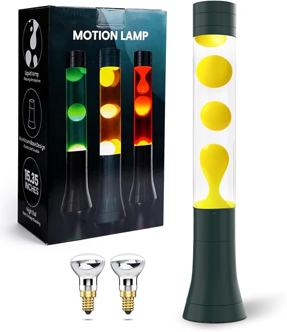 Retro Liquid Motion Lamp 15.35”, Vintage Night Lamp, Yellow Wax, Clear Liquid, Green Base and Cap, 2 R39 E14 Bulb Included, Relaxing Mood Light for Home Decor, Christmas, Party [Energy Class G]
