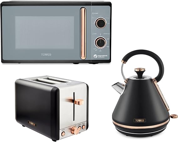 Tower Cavaletto Black & Rose Gold 3KW 1.7L Pyramid Kettle, 2 Slice 850W Toaster & 800W 20L Microwave, Contemporary Matching Kitchen Electrical Set in Black & Rose Gold