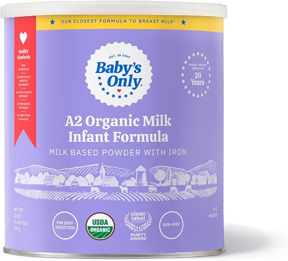Baby's Only A2 Organic Milk Infant Formula, A2 Milk Based Powder, Organic Baby Formula with A2 Beta-Casein Protein, Iron, Vitamin E, Vitamin D, Easy to Digest, Newborn to 12 Months Old, 21 oz, 1 Pack | With A2 Beta-Casein Protein, Vitamin E, Vitamin D, Easy to Digest, Newborn to 12 Months