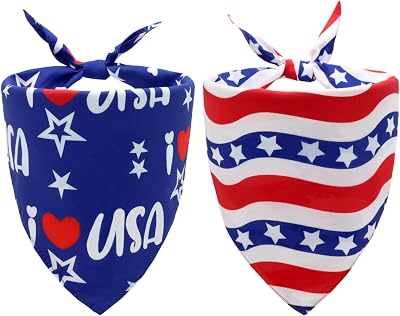 4th of July Dog Bandanas, American Flag Dog Outfit, Summer Triangle Reversible Memorial Day Independence Day Patriotic Scarf for Big Boy and Girl Dogs, Red, White & Blue2PCS, Large