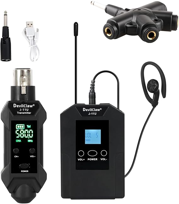 Wireless in Ear Monitor System with Transmitter Clip on Receiver with Multi 4-Way 1/4 Audio Splitter, 6.35mm Multiport Aux Splitter