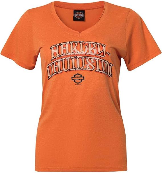 Harley-Davidson Women's Flare Foil Notched V-Neck Poly-Blend Tee, Orange