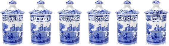 Spode Blue Italian Set of 6 Spice Jars, Fillable Containers for Mixed Herbs, Parsley, Peppercorn, Cinnamon, Rosemary, Basil