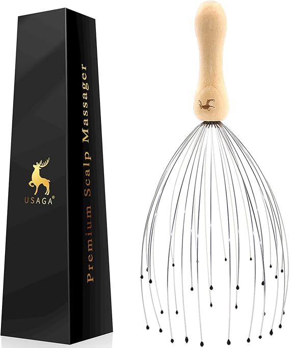USAGA 32 Fingers Head Massager Head Scratcher Scalp Massager Wood Handle