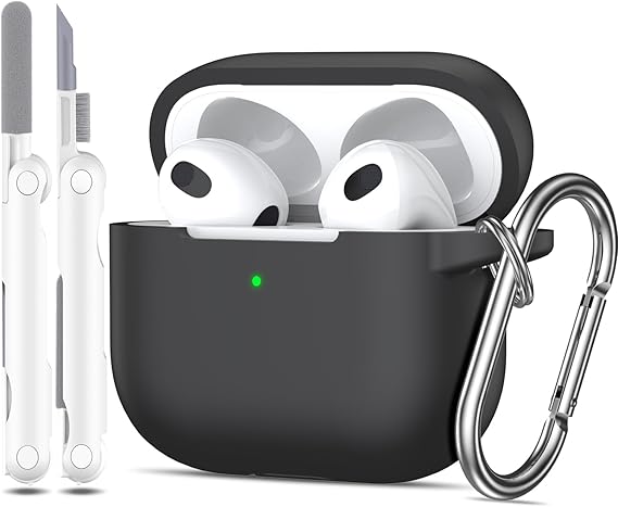 AirPods 3rd Generation Case Cover 2021, Military Grade Anti-Fall Soft Silicone Shock-Absorbing Protective AirPods 3 Case Skin with Keychain and Cleaning kit, Front LED Visible, Black | Anti-Fall Soft Silicone Shock-Absorbing Protective AirPods 3 Case Skin with Keychain and Cleaning kit, Black