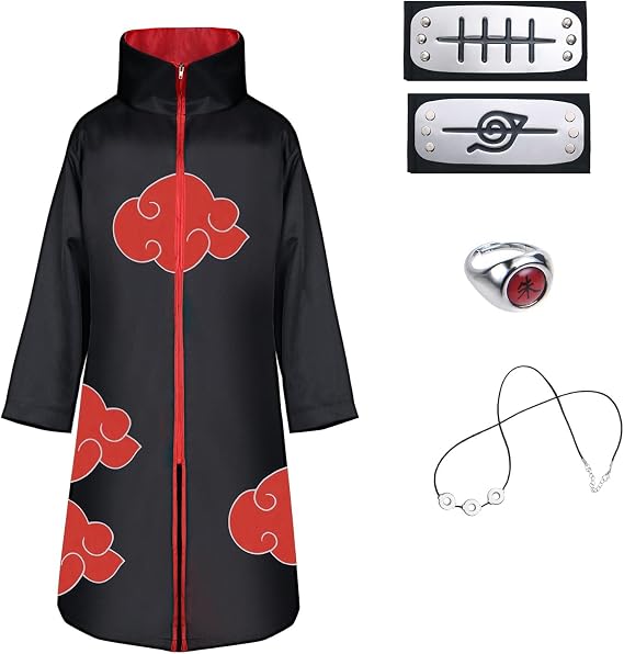 ACWOO Akatsuki Cloak, Akatsuki Coat Set, Unisex Ninja Cloak Ninja Long Robe with Headband Ring Necklace, Halloween and Christmas Anime Cosplay Costume Cape for Adult