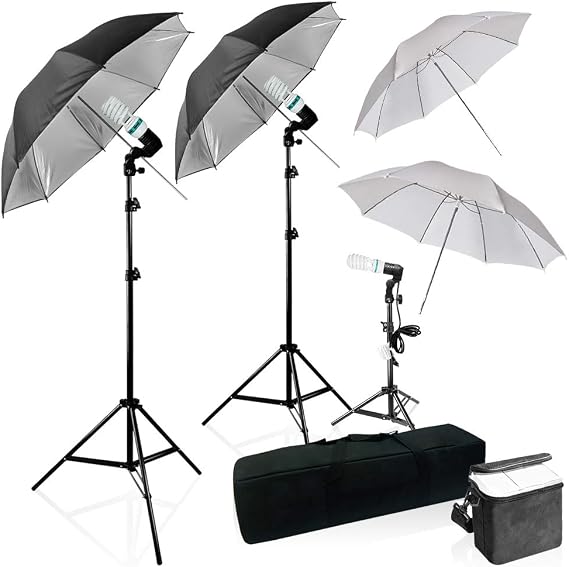 LimoStudio 600W Photography Triple Photo Umbrella Lighting Kit, Video, Umbrella Continuous Lighting Kit, CFL Photo Bulbs, Black/Silver & White Umbrella Reflector, Light Stand, Carrying Case, AGG2263