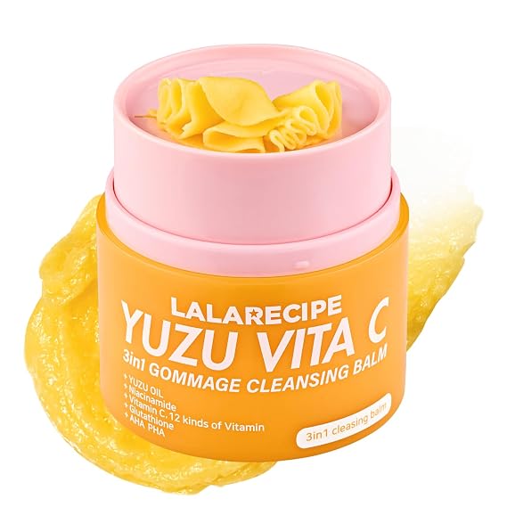LALARECIPE Yuzu Vitamin C 3-in-1 Gommage Cleansing Balm, Korean Makeup Remover with AHA for Blackheads & Exfoliation, Vegan Facial Cleanser for All Skin Types (1.69 Fl Oz / 50ml)