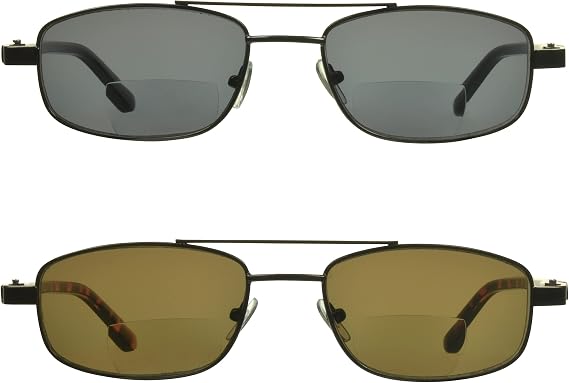 proSPORT Square Aviator Bifocal Sunglass Reader Hinged Frame. Pack of Grey and Amber Lenses