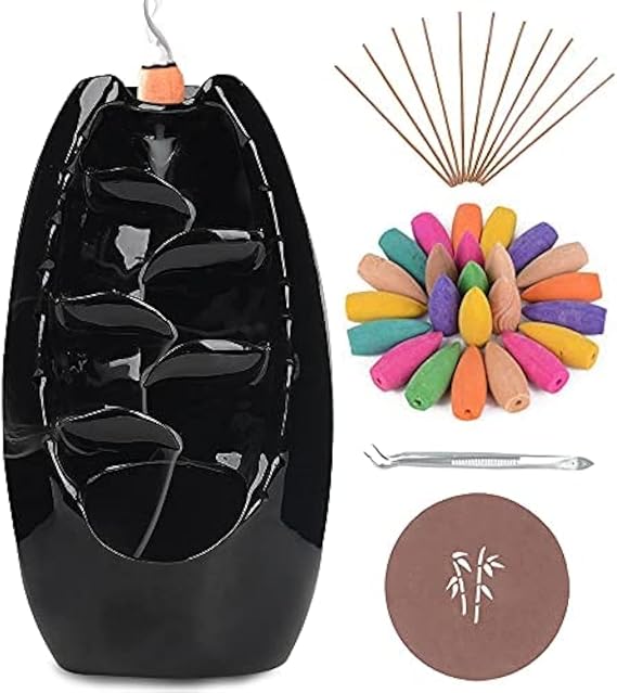 Anbar Backflow Incense Burner with 120 Cones, 30 Sticks, Tongs, and Table Mat, Natural Aromatherapy with Ceramic Smoke Waterfall, Supports Meditation and Relaxation, Home Decor (Black)