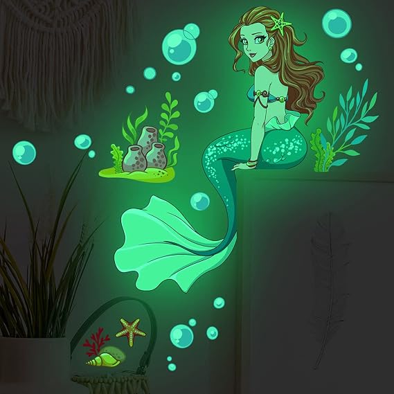 Luminous Mermaid Wall Decals Glow in The Dark Mermaid Wall Sticker Cartoon Princess Wall Stickers Bubble Seaweed Conch Starfish Wallpaper for Kids Girls Bedroom Nursery Bathroom Living Room Classroom