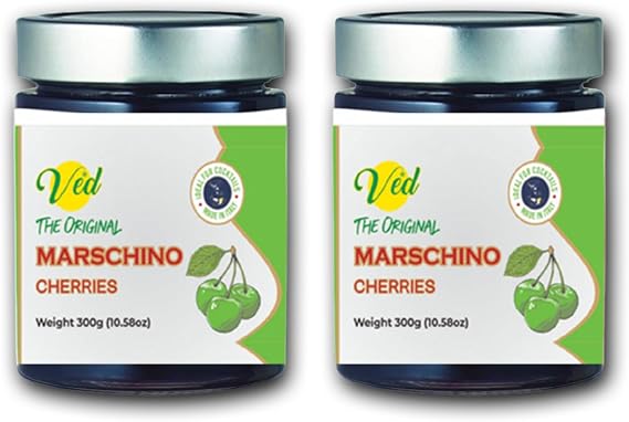 Ved Gourmet Original Green Maraschino Cherries - Italian Cherry for Old-Fashioned Cocktails - Vegan Cocktail, Bourbon Cherries in Natural Syrup for Cocktail Garnish, (600 G(Pack of 2))