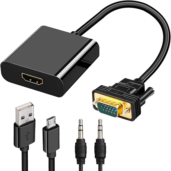 Herfair VGA to HDMI Adapter 15Pin VGA Male to HDMI Female Converter for Computer, Desktop, Laptop, PC, Monitor, Projector, HDTV with Audio Cable and USB Power Cable (One Way Transmit)