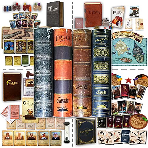Great Set of Strategy Board Games Bristol 1350, Tortuga 1667, Salem 1692 and Deadwood 1876 Bundle with Random Color Drawstring Bag