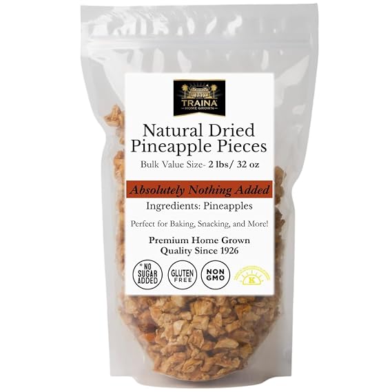 Traina Home Grown Dried Natural Pineapple Pieces- Dried Fruit (2lb / 32oz)
