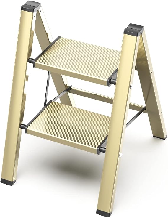2 Step Ladder, Folding Step Stool with Anti-Slip Wide Pedal | Lightweight, Aluminum Material, 330LBS Load, Portable, Easy Storage, Space Saving, for Kitchen, Bedroom Use, Gold