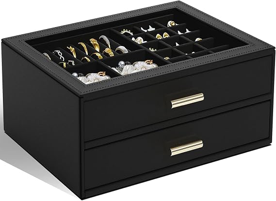 AKOZLIN Jewelry Box Organizer with Clear Lid 2 Drawers Black