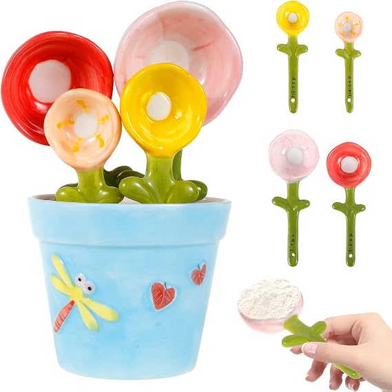 4Pcs Flower Measuring Spoons Set in Pot Cute Ceramic Measuring Spoons with Base Decorative Flower Pot Measuring Spoons and Cup Set Measuring Spoons with Capacity for Milk Powder Sugar Salt