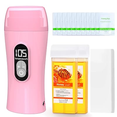 Demine Roll On Wax Kit with Led Digital Display, Waxing Kit For Women Hair Removal, Organic Honey Wax Cartridges, 100PCS Wax Strips, 10PCS Wipes, Wax Roller For Underarm, Leg, Arm