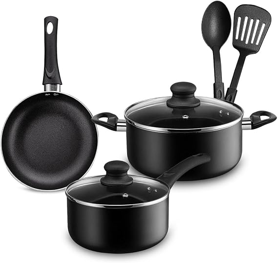 Chefs Star 7 Piece Pots and Pans Set Non Stick, Dishwasher Safe Pots and Pans Set, Aluminum Cookware Set With Lids, Kitchen Pans and Pots Set, Kitchen Cookware Sets - Black
