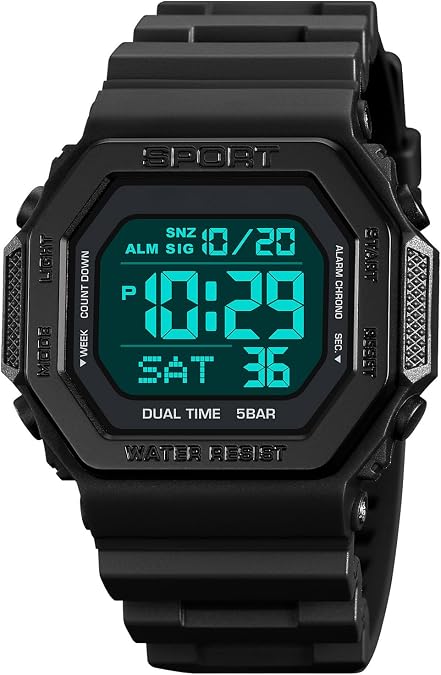 PASOY Digital Watch for Men and Women, Dual Time, 50M Water Resistant | Retro black square design with alarm, stopwatch, countdown and LED backlight for school, sports, travel and daily wear.