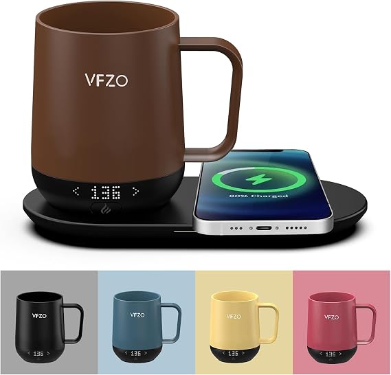 Temperature Control Smart Mug, Self Heating Coffee Mug LED Display, 180 Min Battery Life - Hot up to 149F Fast Wireless Charger Base Improved Design (12oz, Coffee)