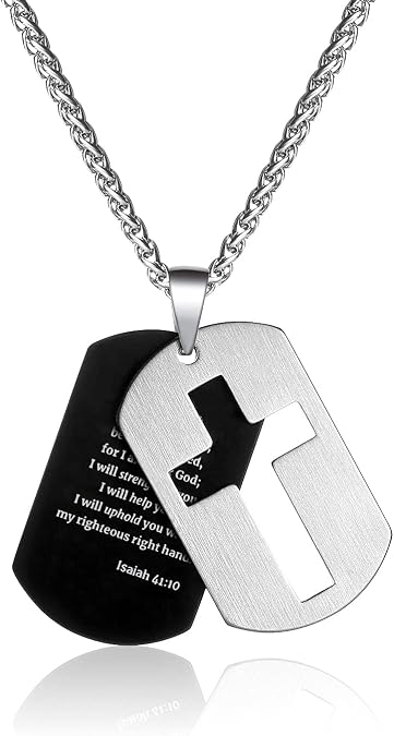 P. BLAKE Dog Tag Cross Necklace Gifts for Boys Men, Stainless Steel Bible Verse Pendant Chain Christian Religious Jewelry Gifts