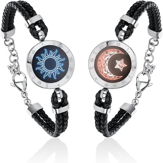 TOTWOO Couple Bracelet Couple Gifts Partner Bracelets with Touch Long Distance Relationship Gift for Long Distances Couple Love Gifts Vibration & Light Up Bluetooth Pairing Jewellery, Sun and Moon