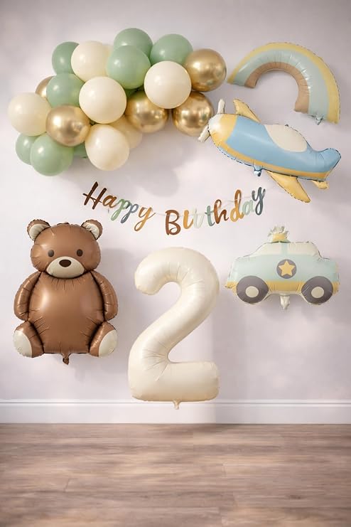 Retro 2 Yaş Doğum Günü Seti; Uçak, Araba, Gökkuşağı, Ayıcık ve 20 Adet Lateks Balon Set